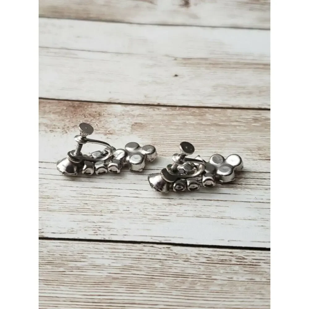 Vintage Screw On Earrings Clear & Grey Gems Dangle